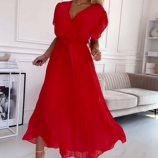 Women's Solid V-Neck Pleated Flowy Dress