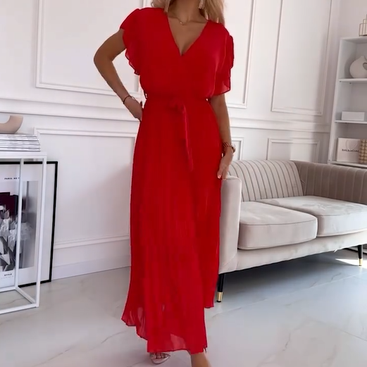 Women's Solid V-Neck Pleated Flowy Dress