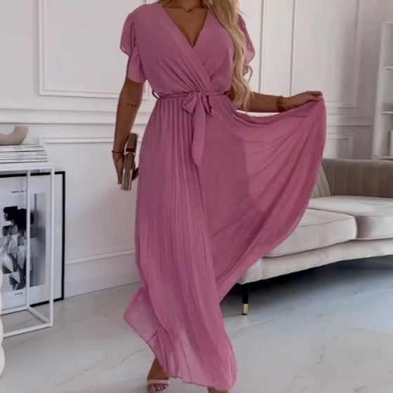 Women's Solid V-Neck Pleated Flowy Dress