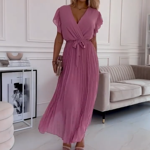 Women's Solid V-Neck Pleated Flowy Dress