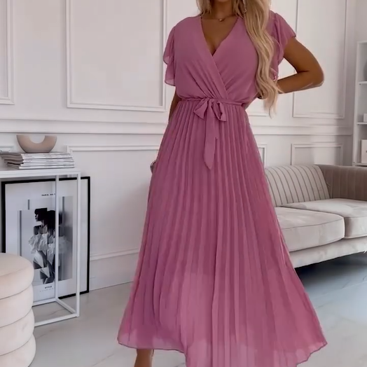 Women's Solid V-Neck Pleated Flowy Dress