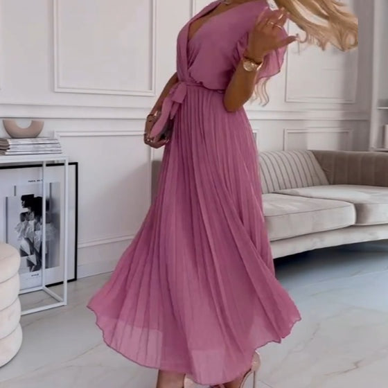 Women's Solid V-Neck Pleated Flowy Dress