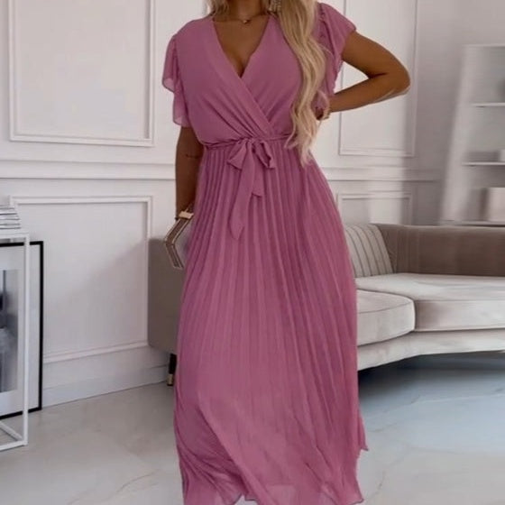 Women's Solid V-Neck Pleated Flowy Dress