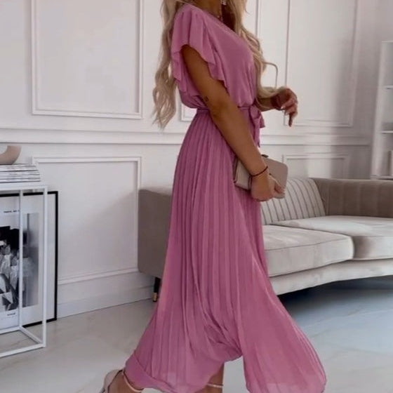 Women's Solid V-Neck Pleated Flowy Dress
