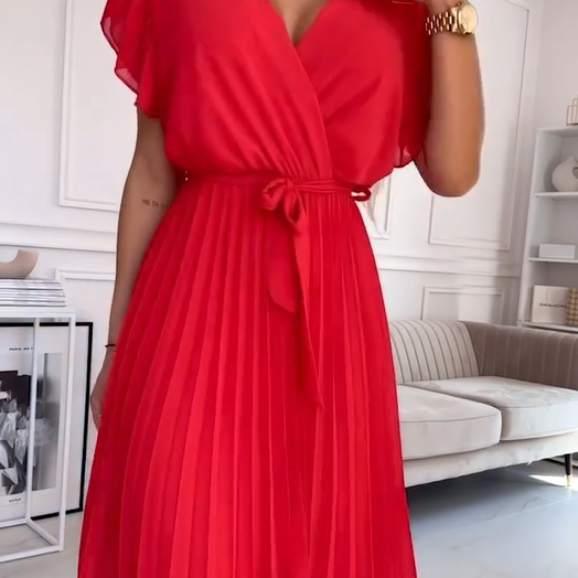 Women's Solid V-Neck Pleated Flowy Dress
