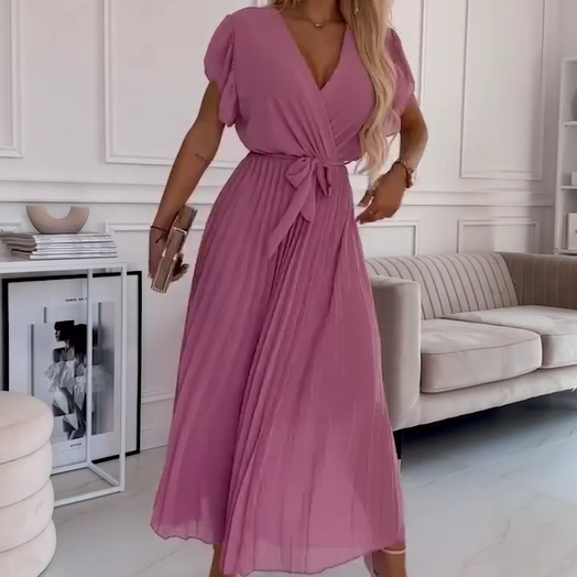 Women's Solid V-Neck Pleated Flowy Dress